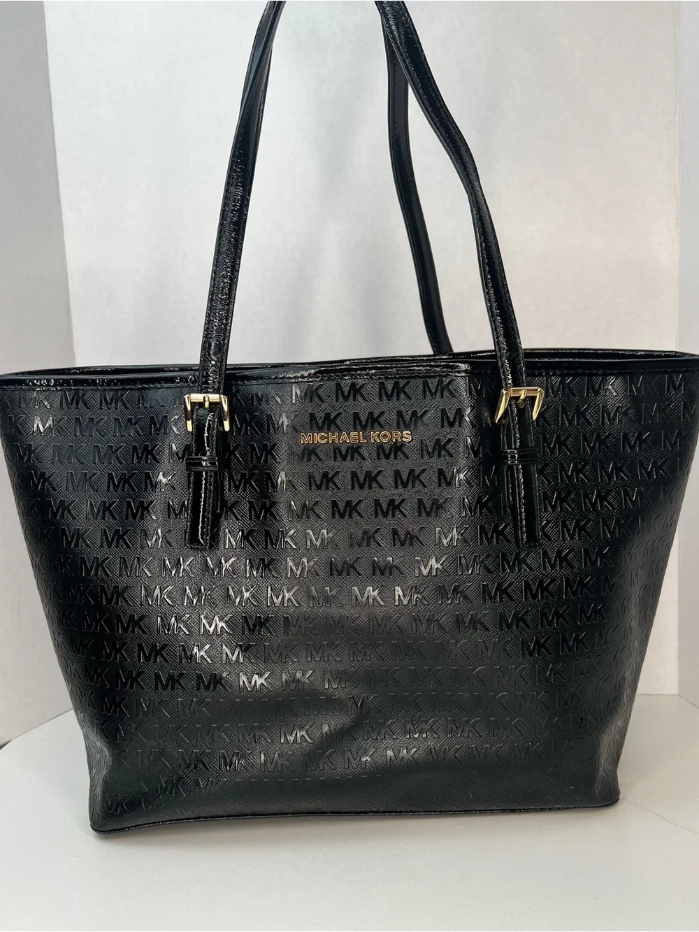 Michael Kors Jet Set Black Embossed MK Monogram Large Tote EUC
